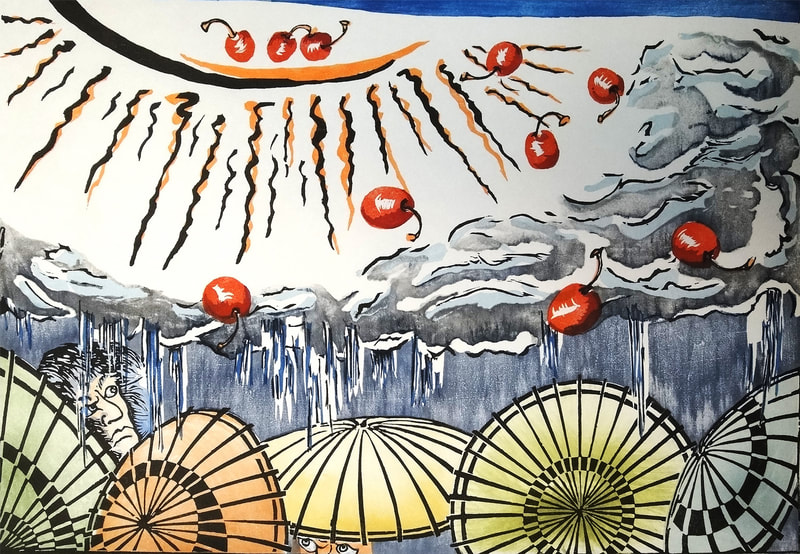 Woodblock print showing a storm and umbrellas