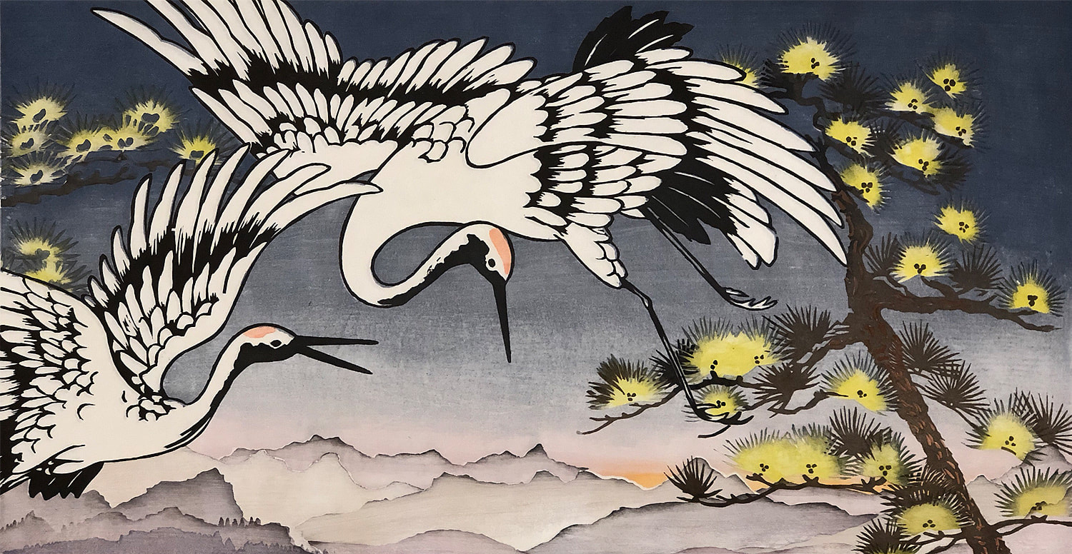 Woodblock print showing two cranes flying over distant mountains.