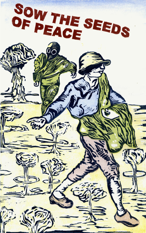 Woodblock print of two figures, one appearing to sow seeds that are atomic explosions.