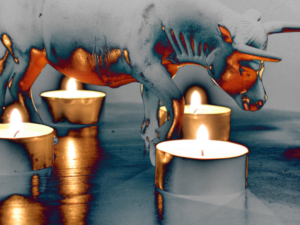 Image of a ox with candles.