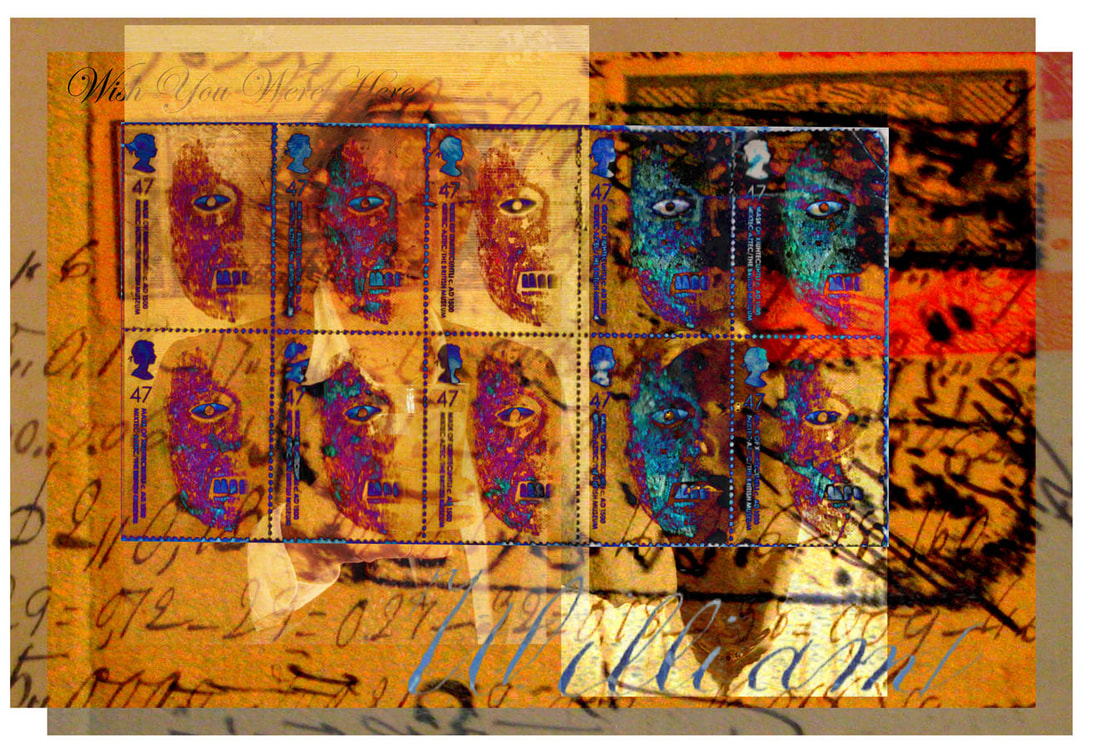 Abstract images of man and stamps.